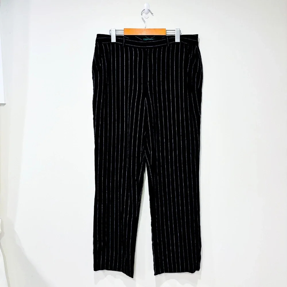 RALPH LAUREN Black Pinstripe Linen High Rise Tailored Pants Size 14